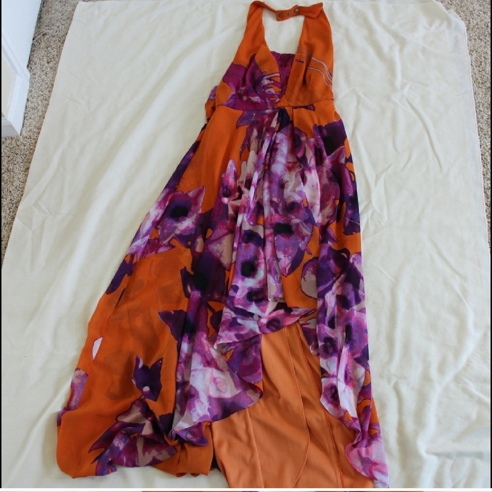 Jessica Simpson orange and purple long hi low dres